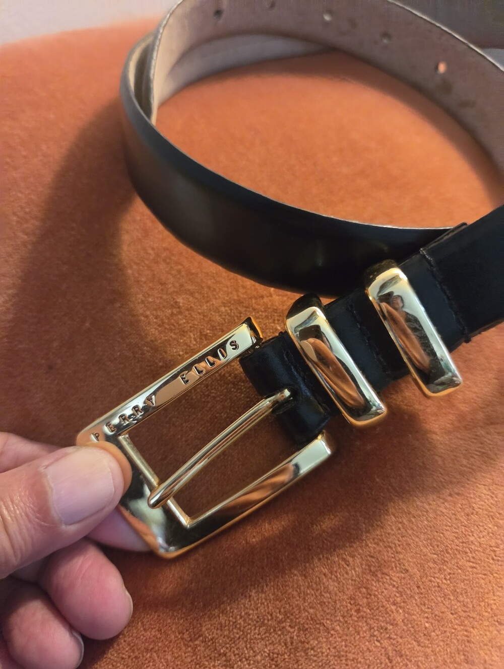 Perry Ellis Black Leather Belt Gold Signature Buckle Size M